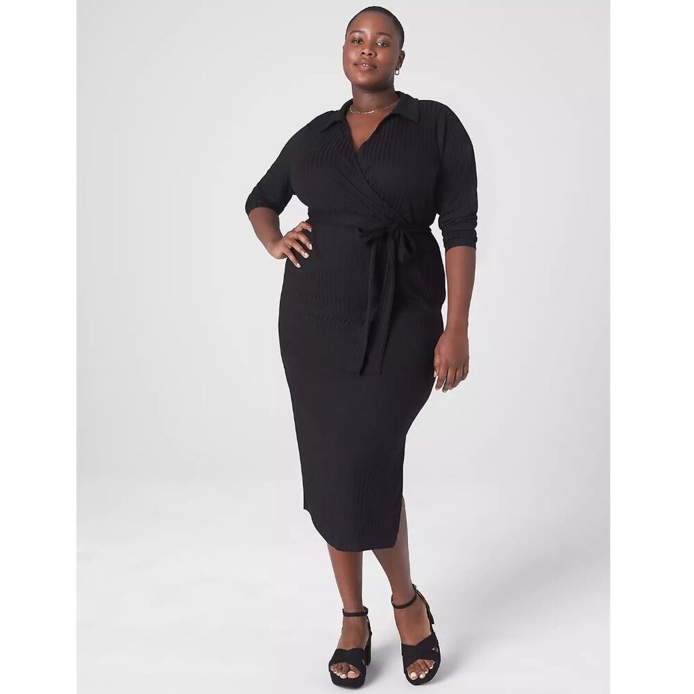 NEW | Lane Bryant | Ribbed Polo Wrap Midi Dress | Black | 14/16